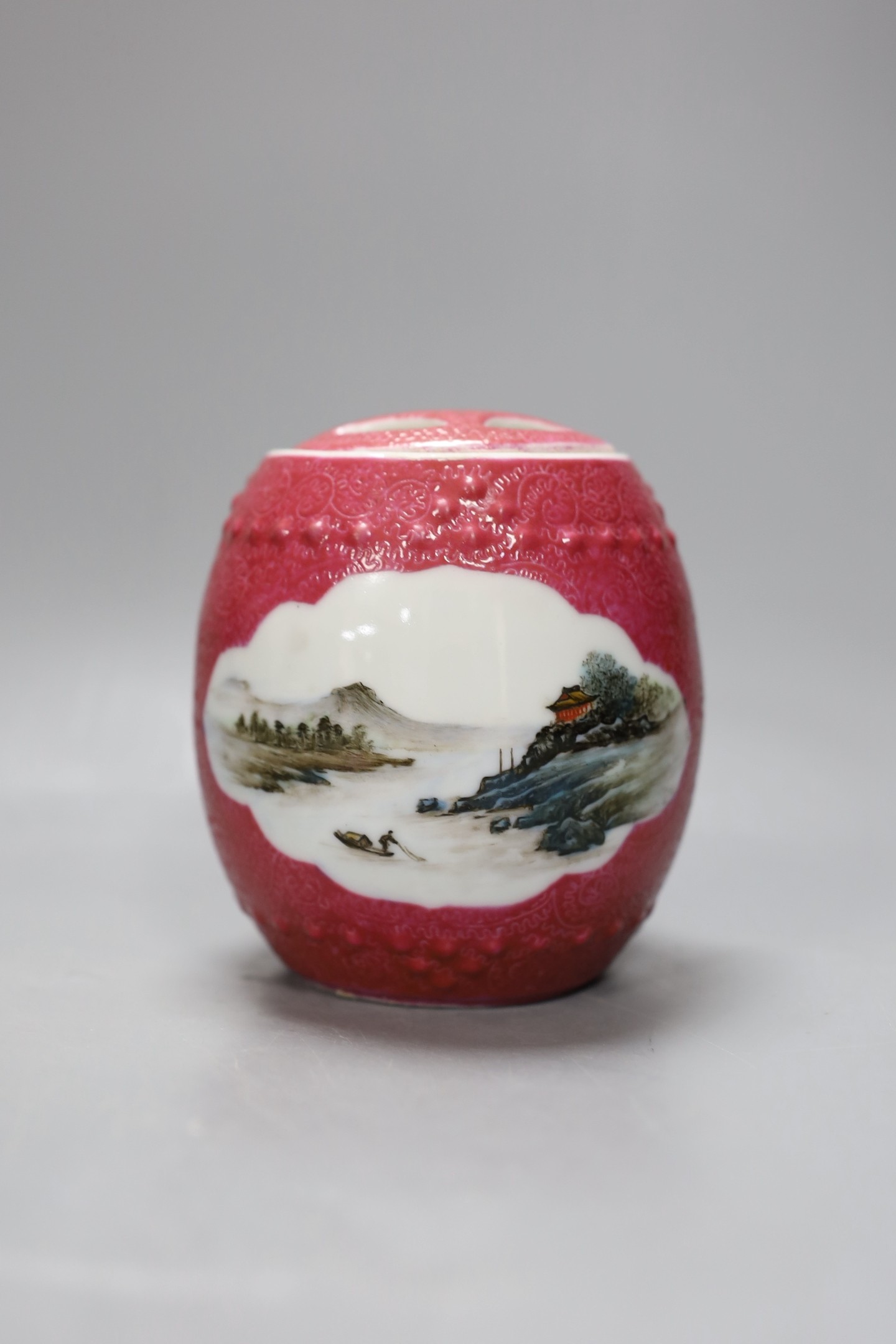 A Chinese Republic period teapot, a famille rose barrel and cover, a famille verte saucer, porcelain duck, pottery stem bowl and a resin model of Shou Lao